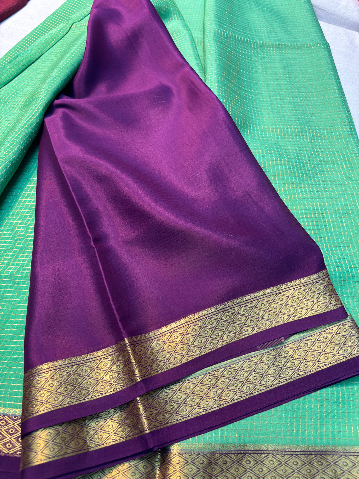 Small checks Pure Mysore Silk Saree -Green