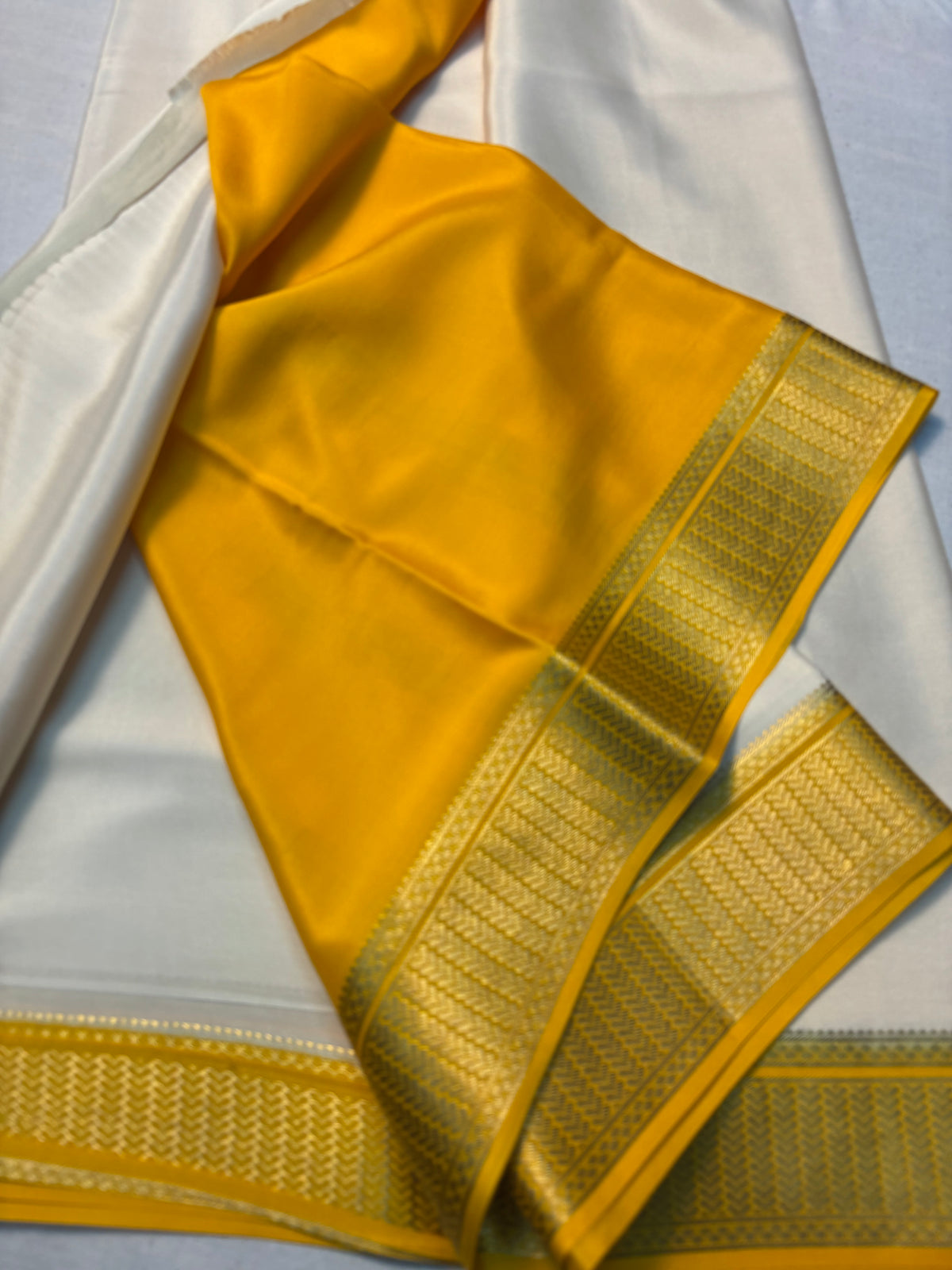 Pure White Mysore Silk Saree with Butta and contrast Yellow border