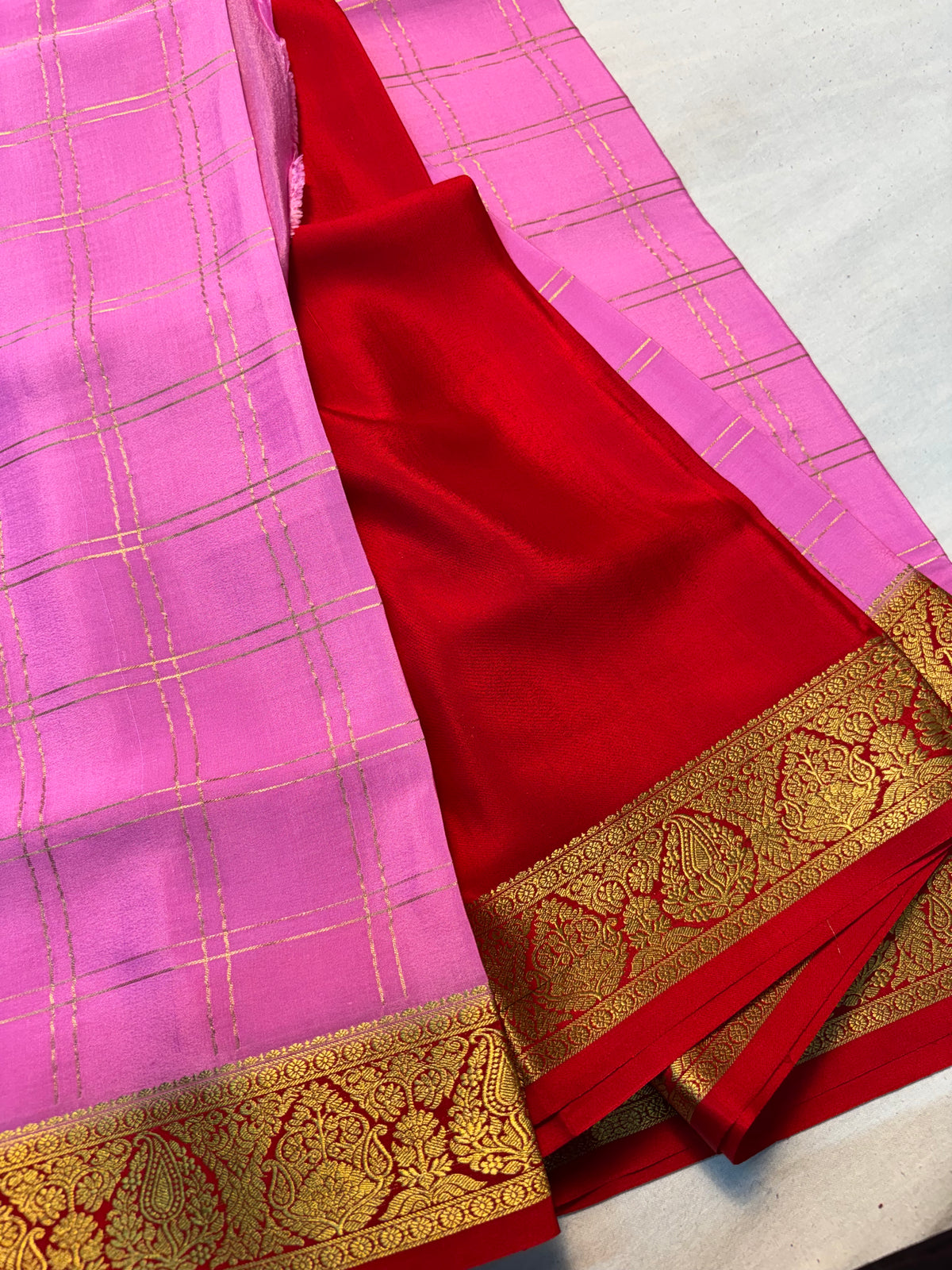 pink check Pure Mysore Silk saree with Red Border