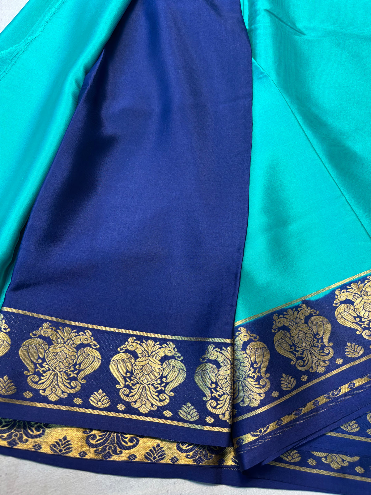 Pure Mysore Silk Saree with Gandaberunda Contrast Border -Turquoise Green