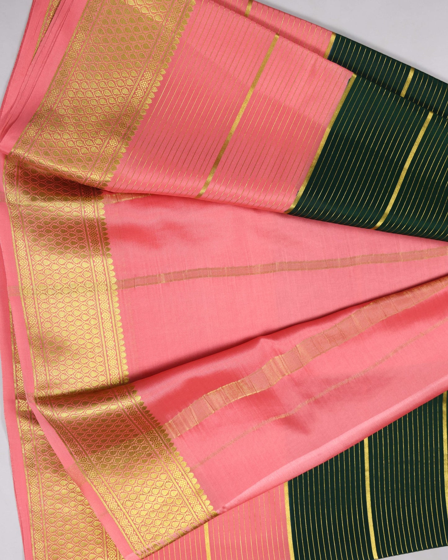 bottle green with pink boder pure mysore silk