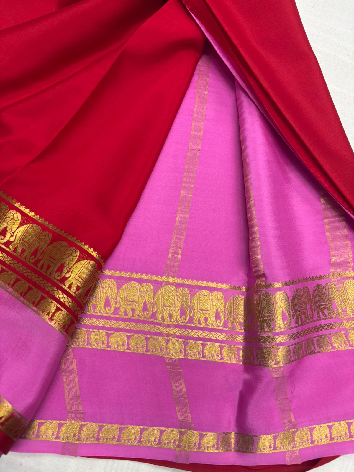 Pure Red Mysore silk Saree with Pink Elephant border