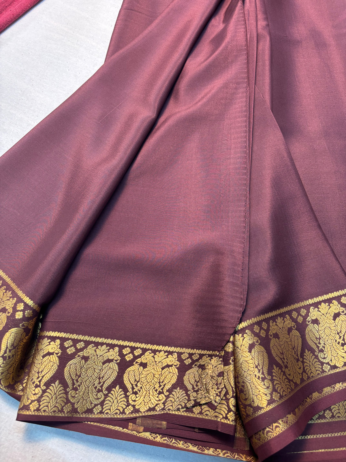 Brown Pure Mysore silk saree with Gandaberunda Border