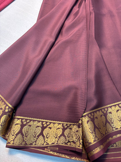 Brown Pure Mysore silk saree with Gandaberunda Border