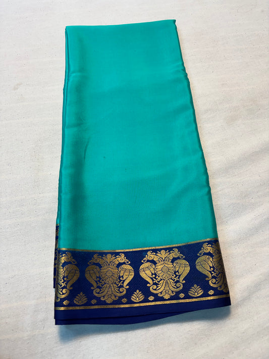 Pure Mysore Silk Saree with Gandaberunda Contrast Border -Turquoise Green