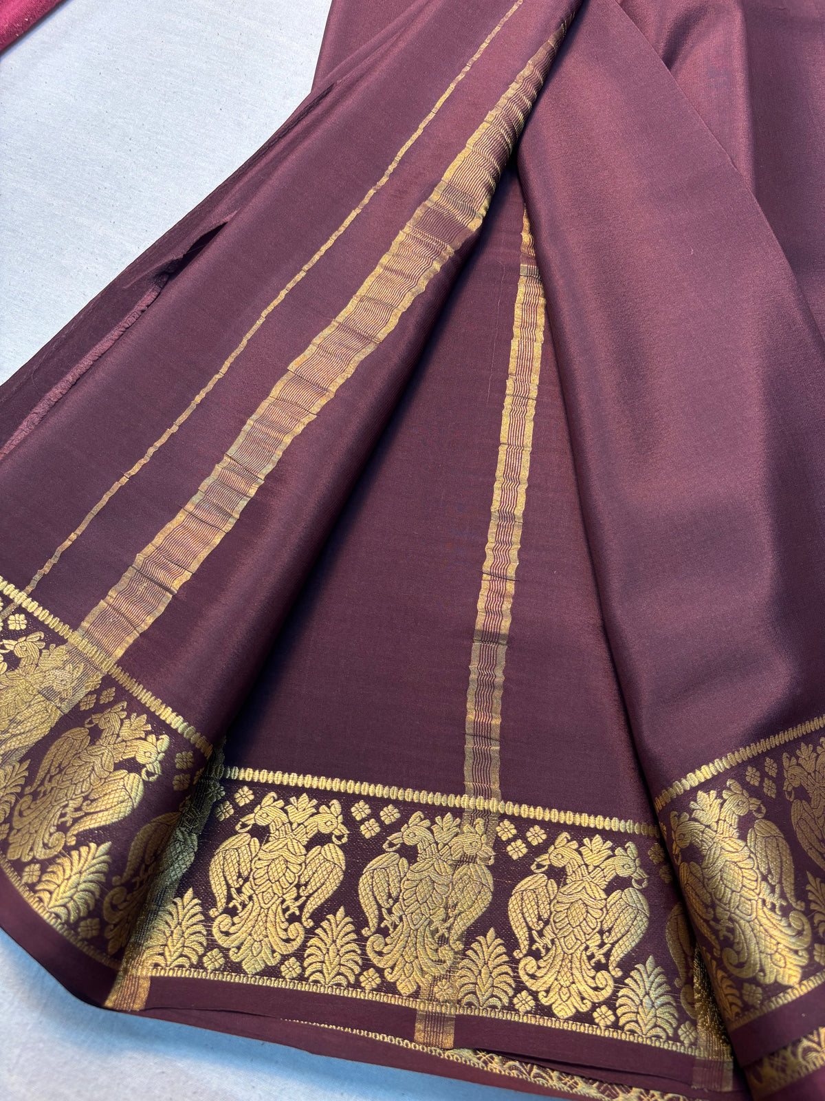 Brown Pure Mysore silk saree with Gandaberunda Border