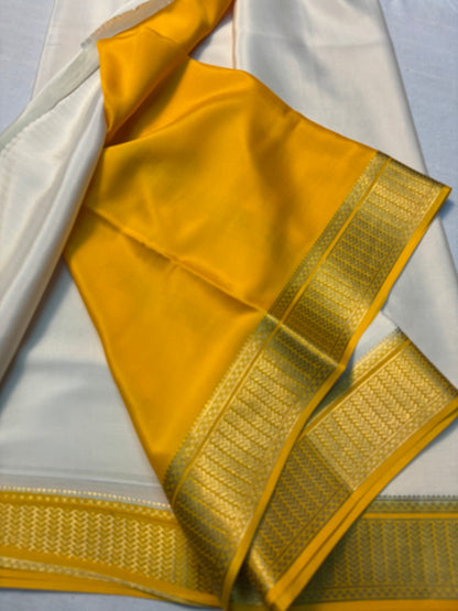 Pure White Mysore Silk Saree with Butta and contrast Yellow border
