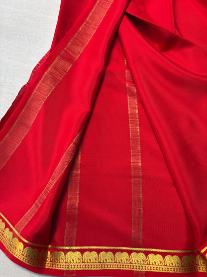 Pure Mysore Silk saree with Small Elephant Border -Red
