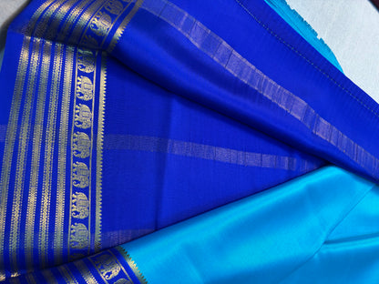 Pure Mysore Silk saree with Contrast Elephant Border - Blue