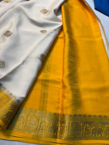 Pure White Mysore Silk Saree with Butta and contrast Yellow border