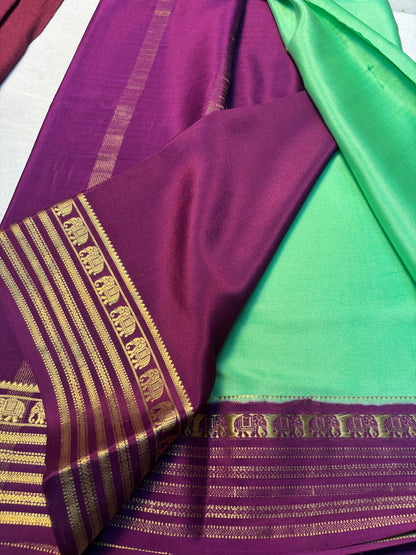 Pure Mysore Silk with Contrast Elephant Border - Green