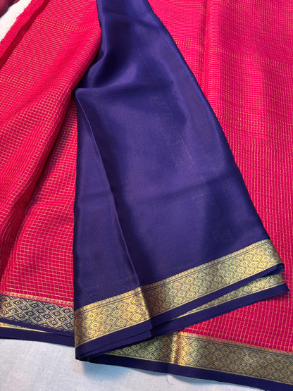 Small checks Pure Mysore Silk saree -Pink