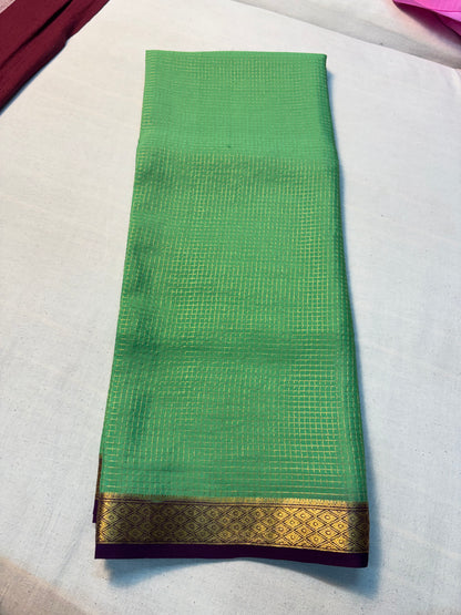 Small checks Pure Mysore Silk Saree -Green