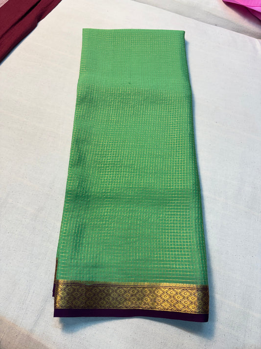 Small checks Pure Mysore Silk Saree -Green