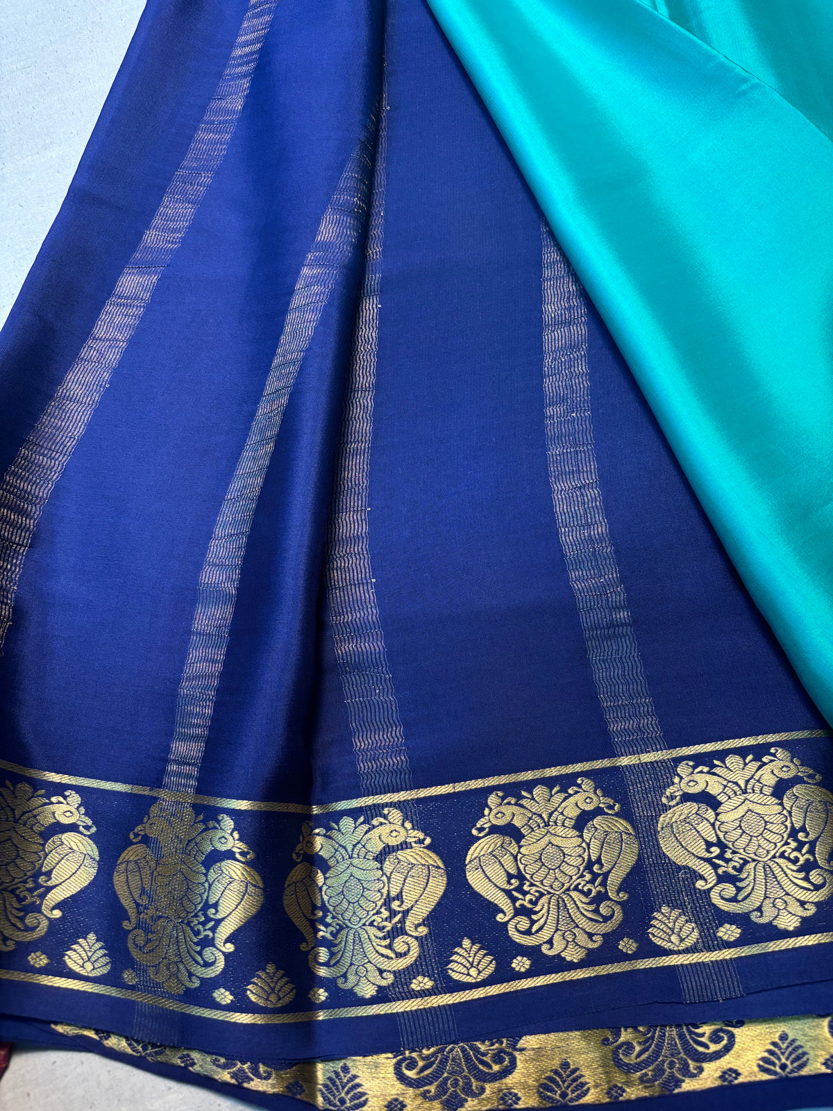 Pure Mysore Silk Saree with Gandaberunda Contrast Border -Turquoise Green
