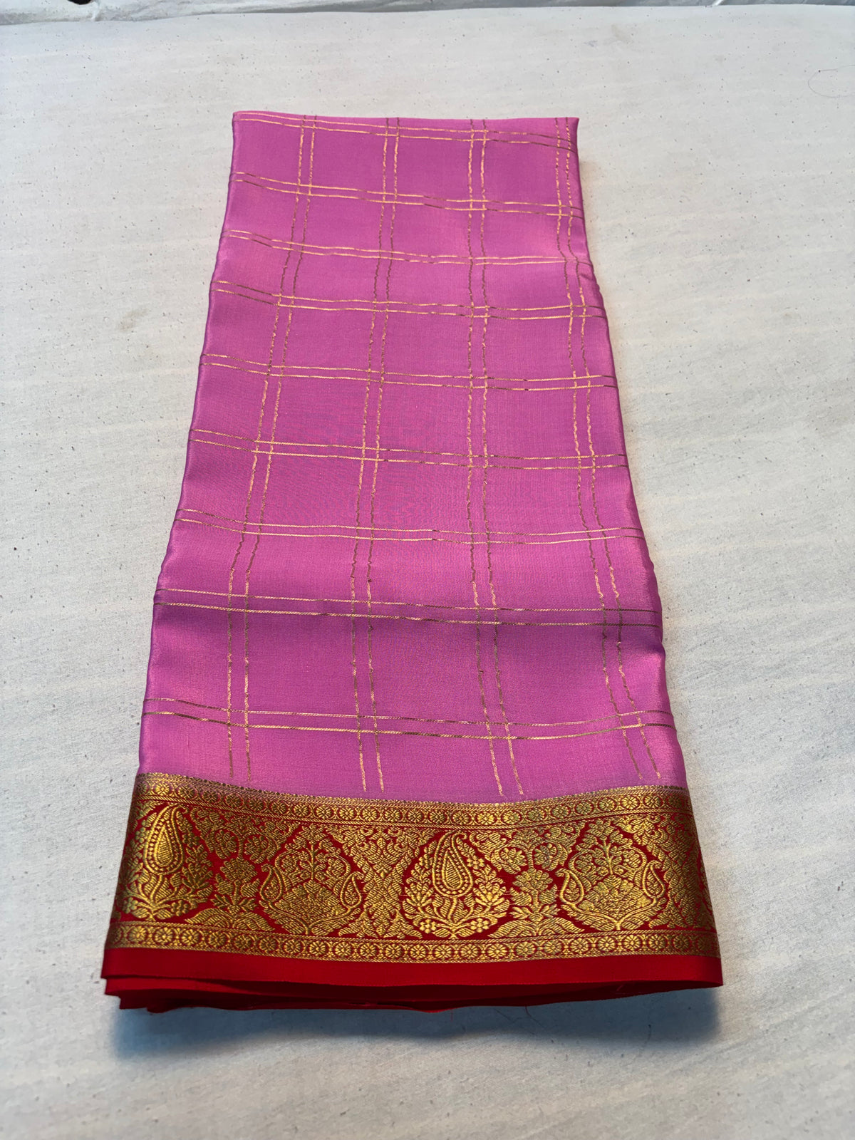 pink check Pure Mysore Silk saree with Red Border