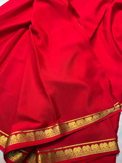 Pure Mysore Silk saree with Small Elephant Border -Red