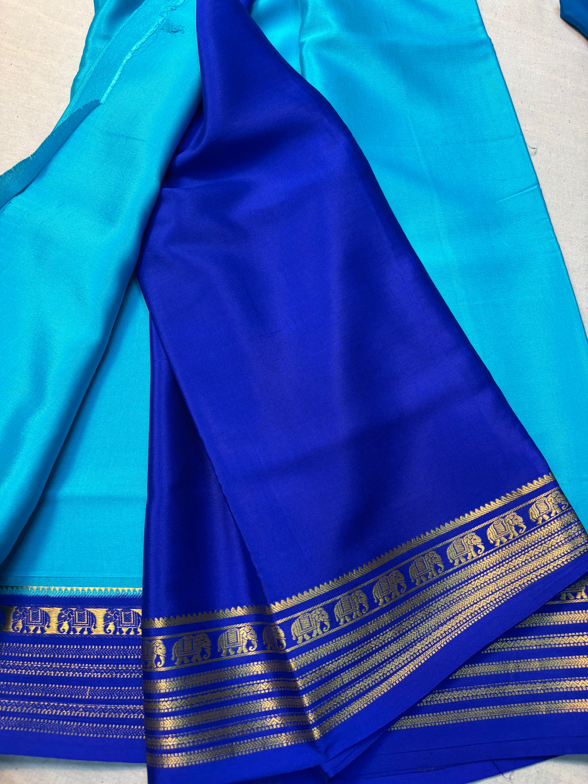 Pure Mysore Silk saree with Contrast Elephant Border - Blue