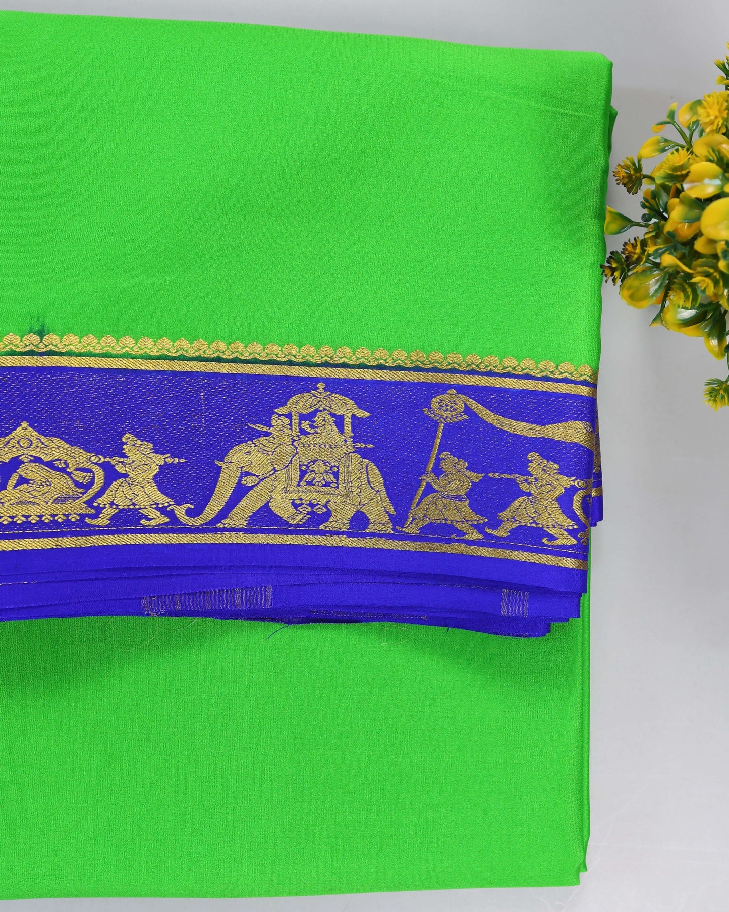 parrot green with royal blue boder  pure mysore silk