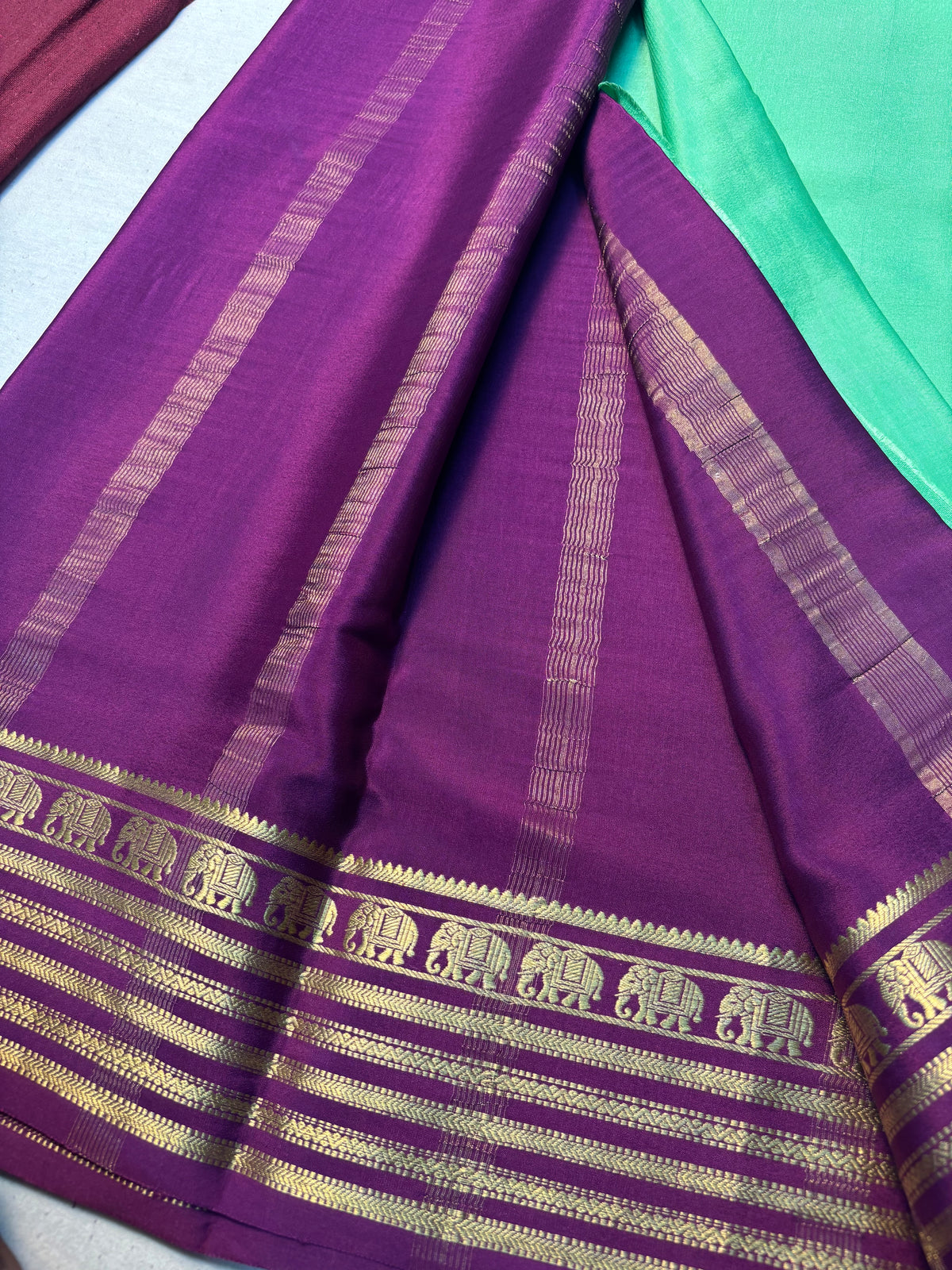 Pure Mysore Silk with Contrast Elephant Border - Green