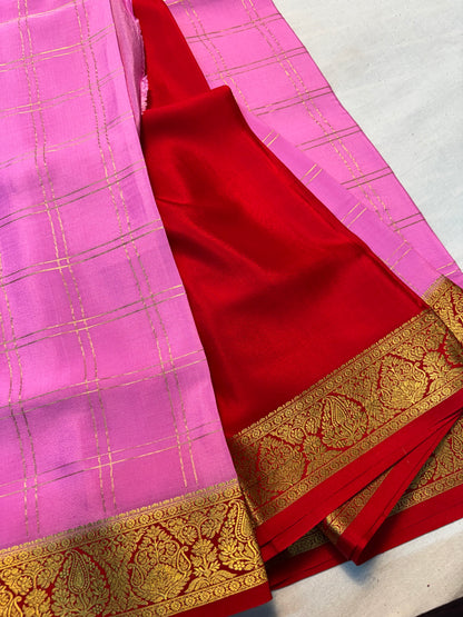 pink check Pure Mysore Silk saree with Red Border