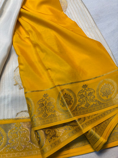 Pure Mysore Silk Big Butta Saree with Contrast Border -White