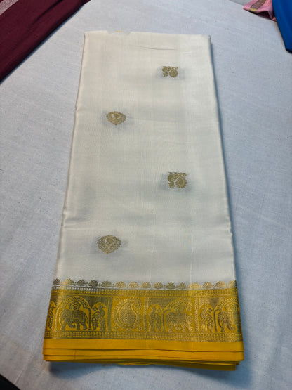 Pure White Mysore Silk Saree with Butta and contrast Yellow border