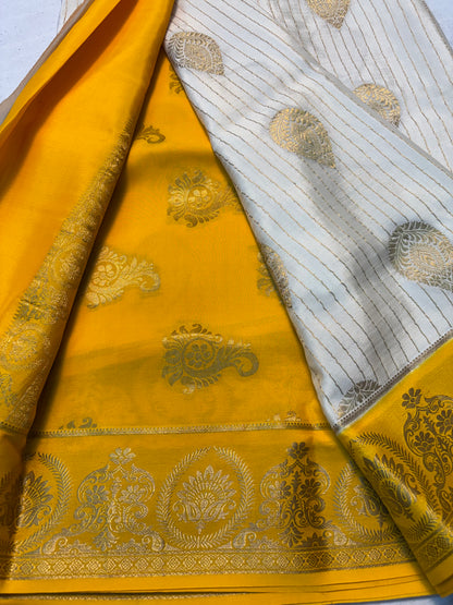 Pure Mysore Silk Big Butta Saree with Contrast Border -White