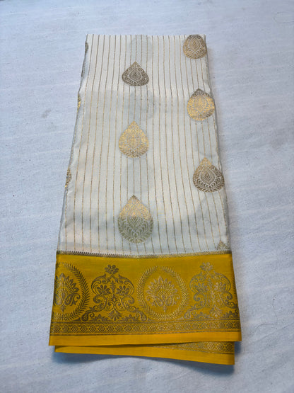 Pure Mysore Silk Big Butta Saree with Contrast Border -White