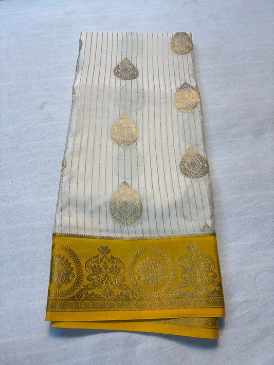 Pure Mysore Silk Big Butta Saree with Contrast Border -White