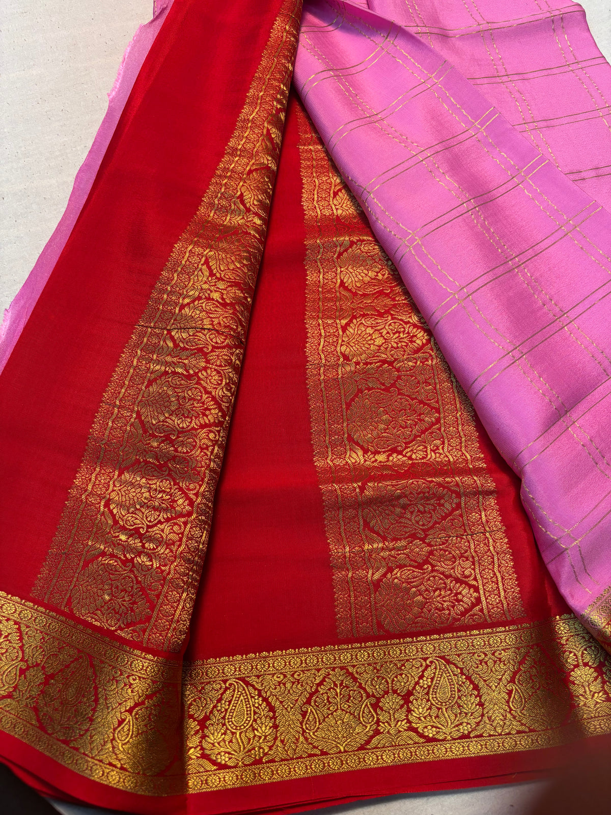 pink check Pure Mysore Silk saree with Red Border