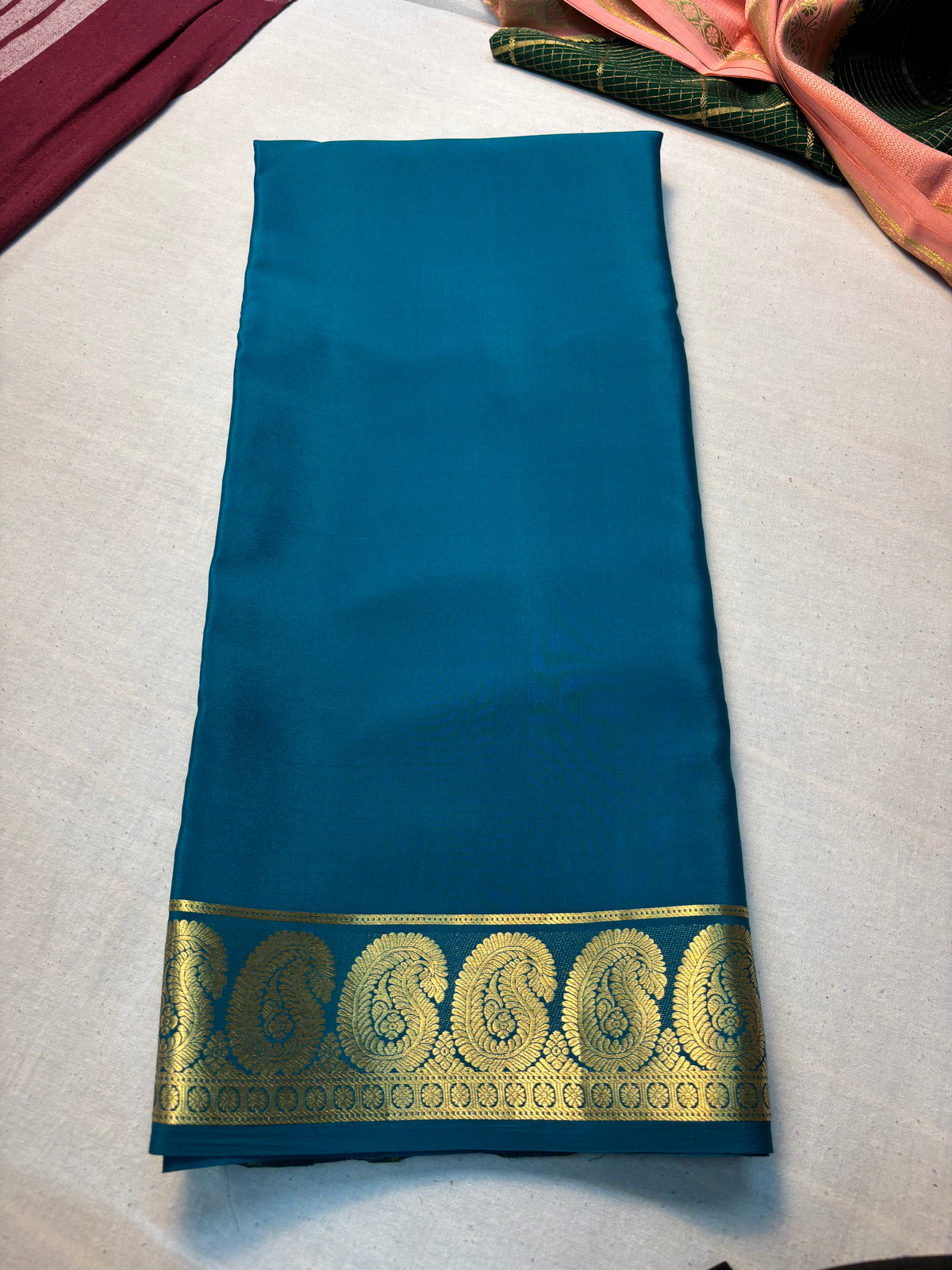 Pure Mysore Silk with Mango border - Teal Blue