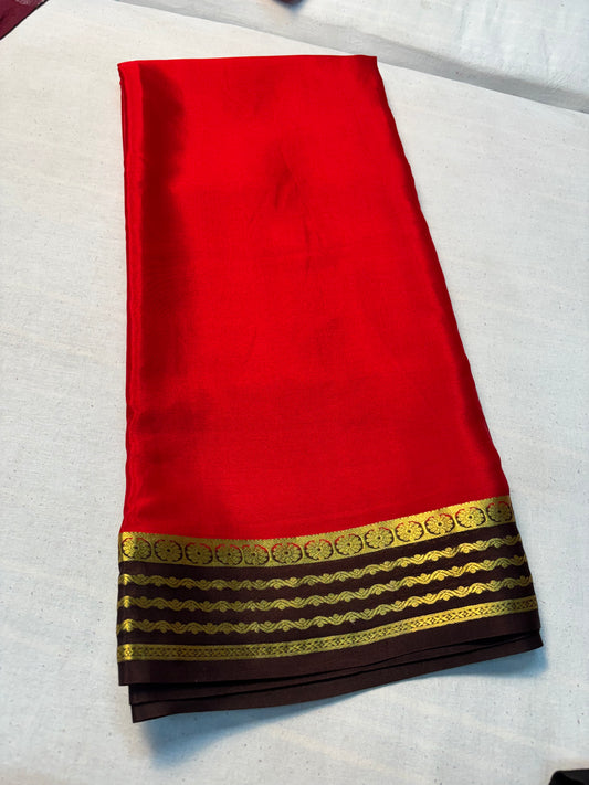 Pure Mysore Silk with 60 GSM Contrast Border -Red