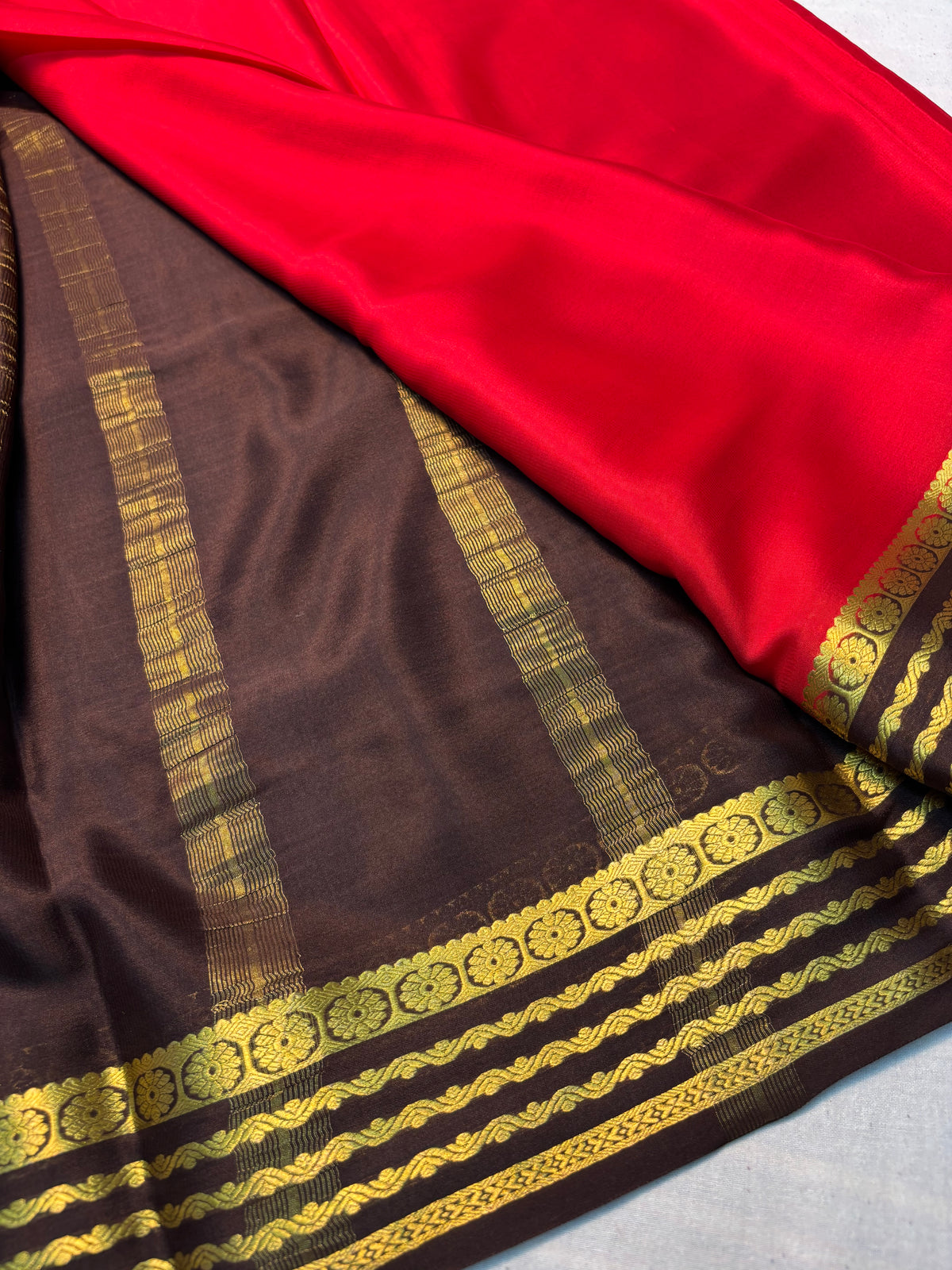 Pure Mysore Silk with 60 GSM Contrast Border -Red