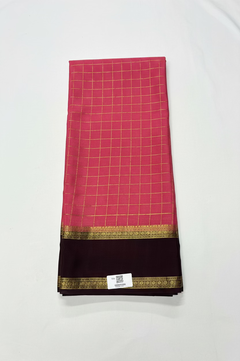 Pure Mysore Checks Silk Saree -Peach