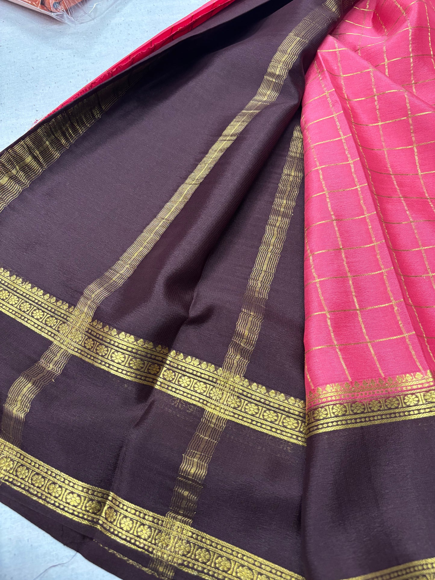 Pure Mysore Checks Silk Saree -Peach