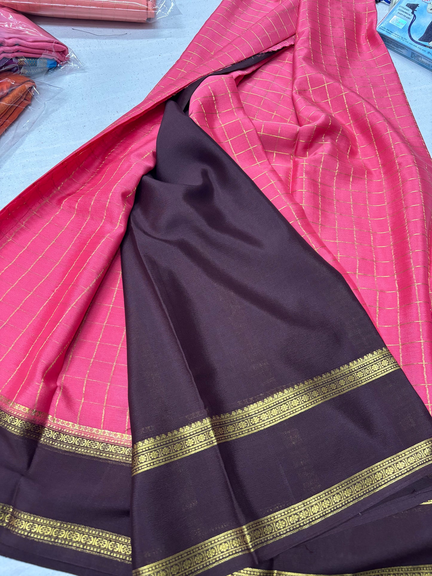 Pure Mysore Checks Silk Saree -Peach