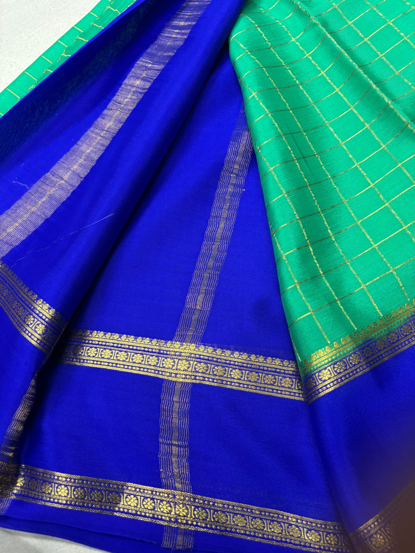 Checks Pure Mysore Silk Saree -Leaf Green