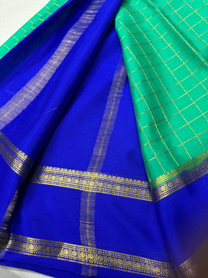 Checks Pure Mysore Silk Saree -Leaf Green