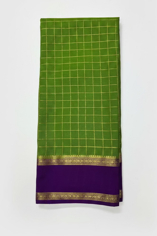 Pure Mysore Green silk checks Saree with purple bentex border