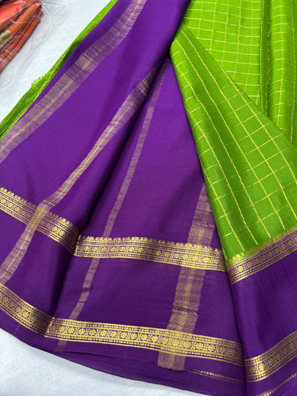 Pure Mysore Green silk checks Saree with purple bentex border
