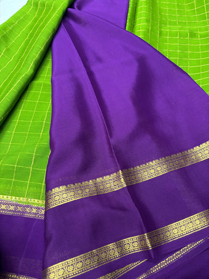Pure Mysore Green silk checks Saree with purple bentex border