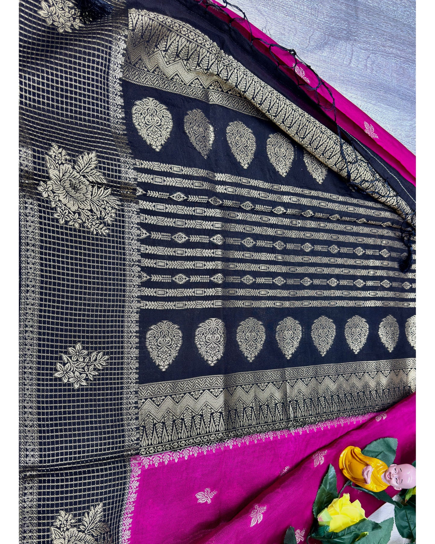 Rani pink with black semi premium banaras