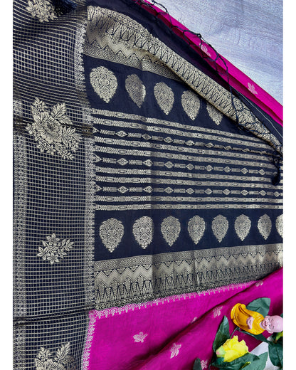 Rani pink with black semi premium banaras