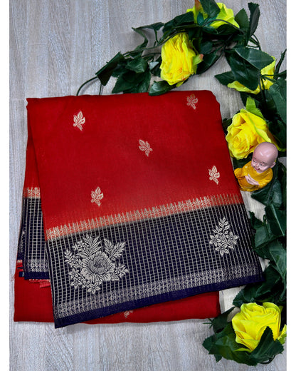 Oranges red with blue semi premium banaras