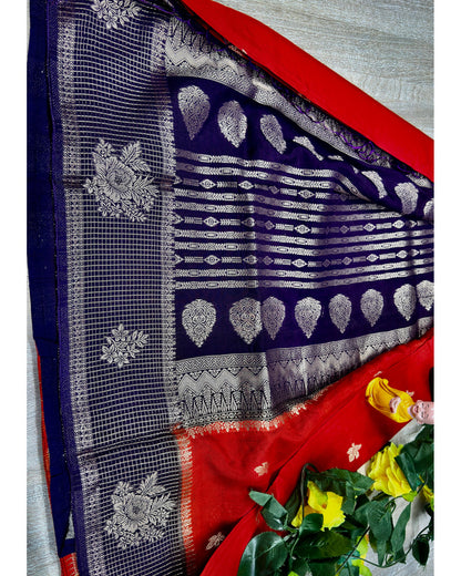Oranges red with blue semi premium banaras