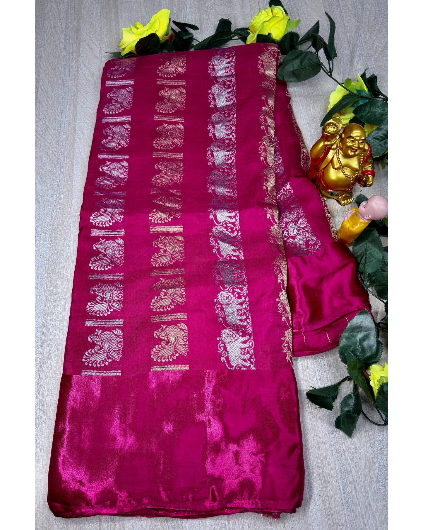 Pink saree with gold and silver butta