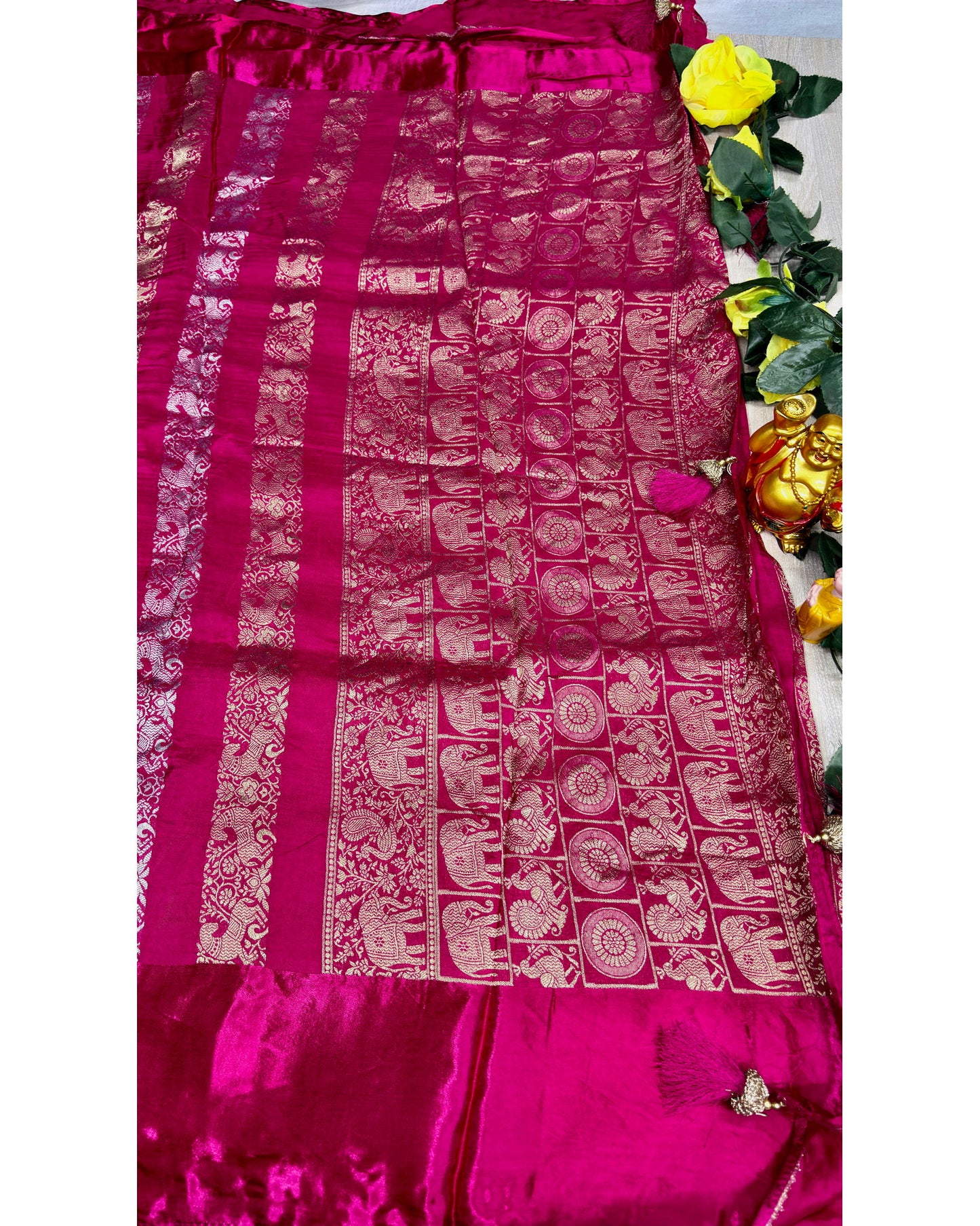 Pink saree with gold and silver butta