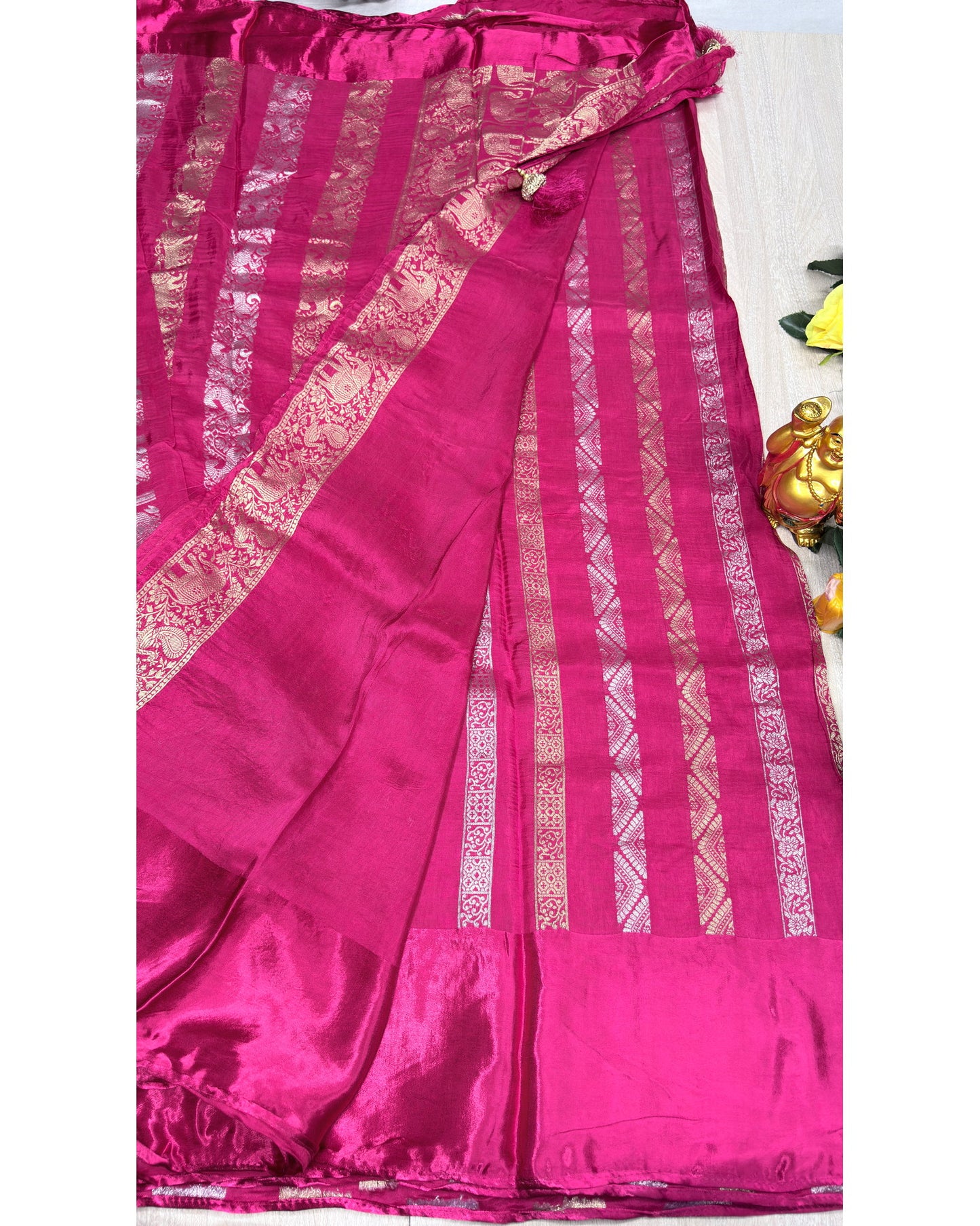 Pink saree with gold and silver butta