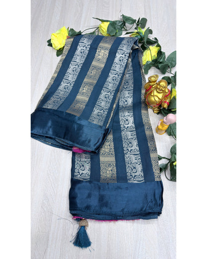 Blue premium saree with gold and silver butta
